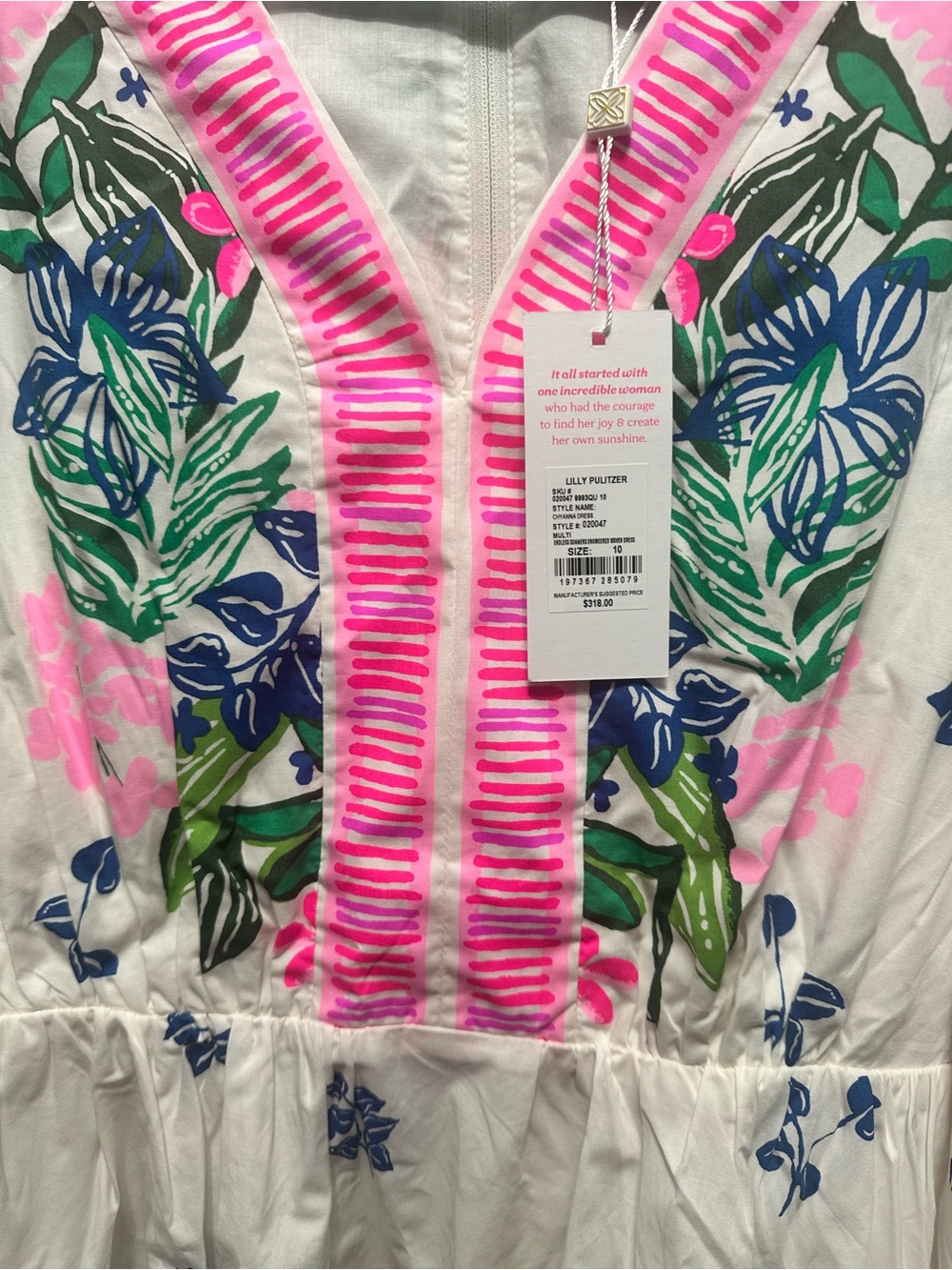 Lilly Pulitzer Chyanna Dress White with Pink Trim & Blue-Green Floral and Belt - Picture 9 of 9